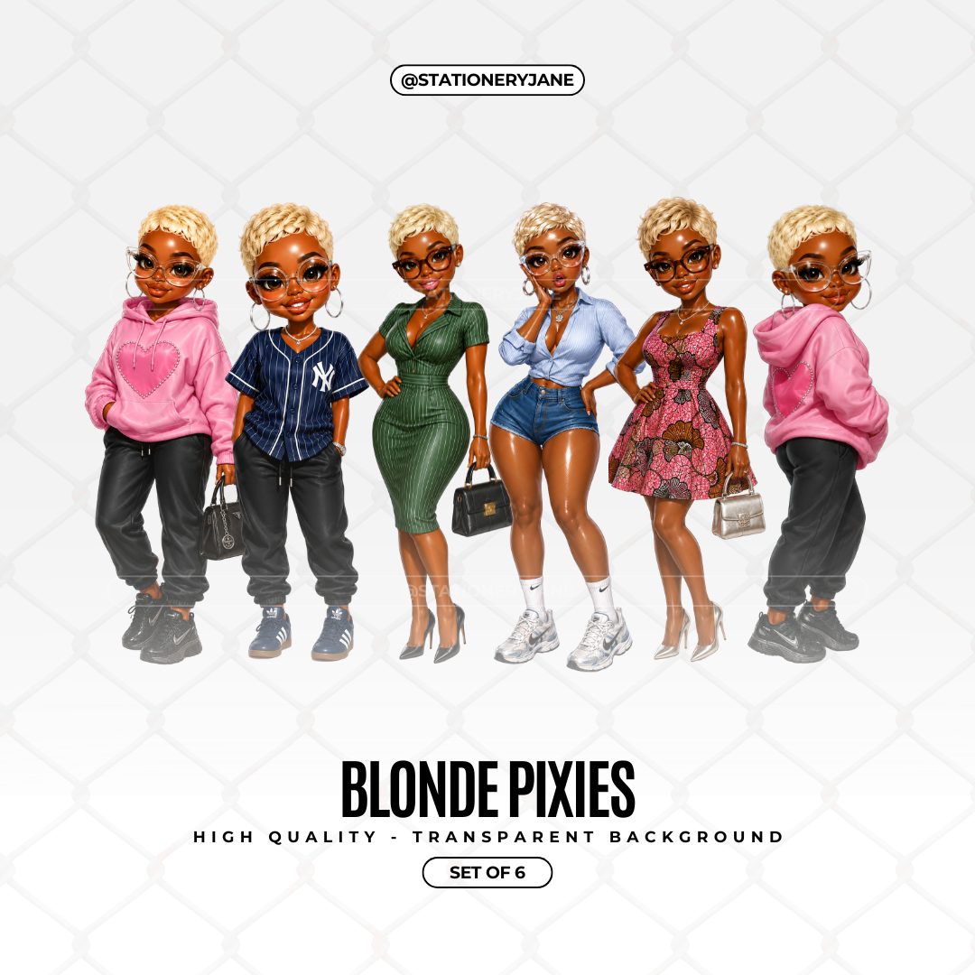 Set of 6 fashionable blonde pixie girl clipart PNG images with transparent backgrounds featuring trendy outfits, handbags, glasses, and modern fashion styles.