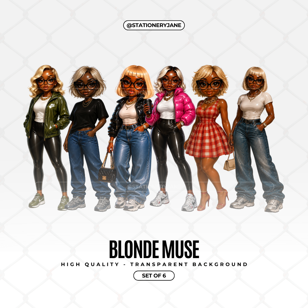 Set of 6 Blonde Muse high-gloss chibi fashion girl PNG clipart images featuring stylish blonde hairstyles, oversized glasses, trendy outfits, and transparent backgrounds for creative digital and print projects.