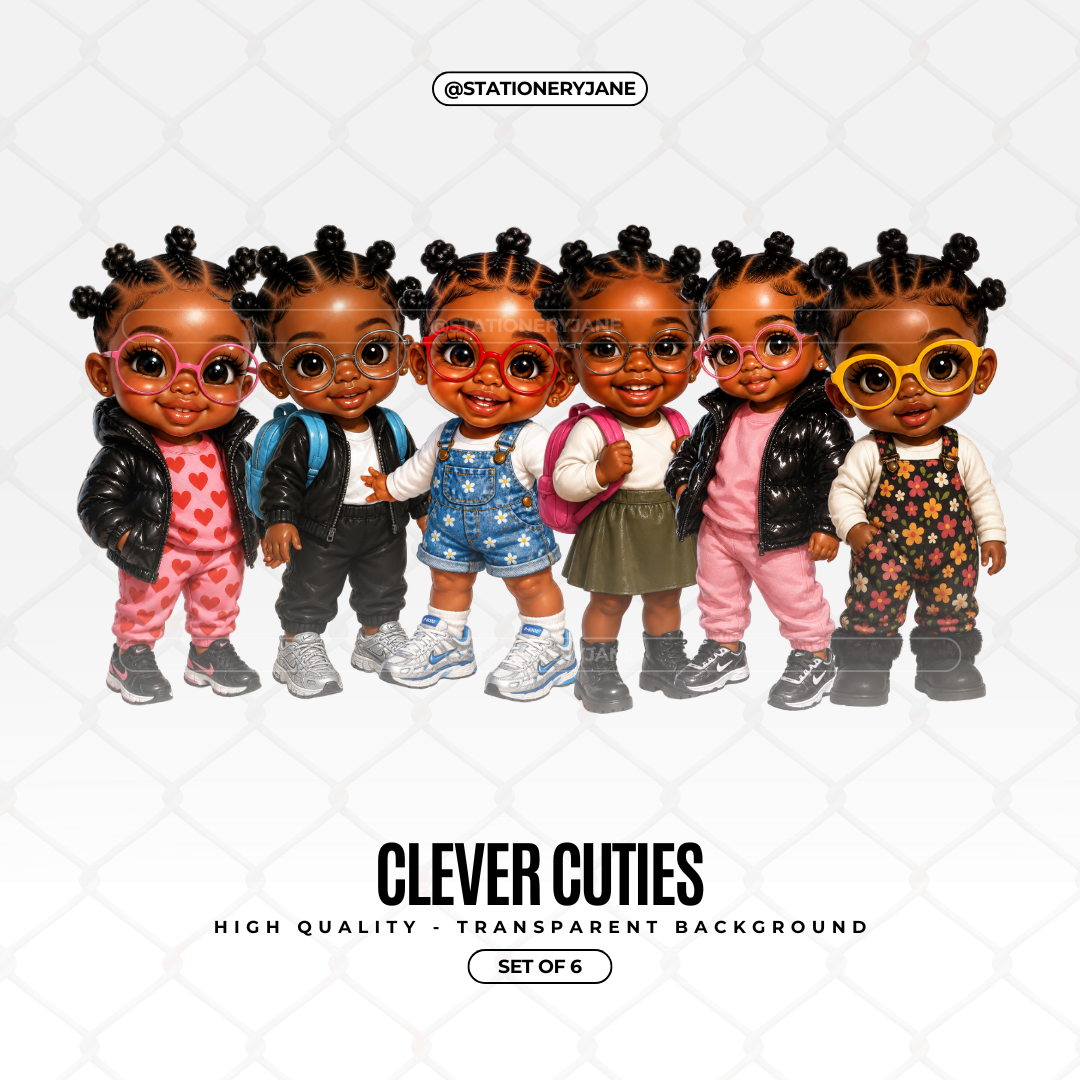 Set of 6 Clever Cuties toddler girl PNG clipart images featuring adorable children with oversized glasses, backpacks, stylish outfits, and playful hairstyles on transparent backgrounds.