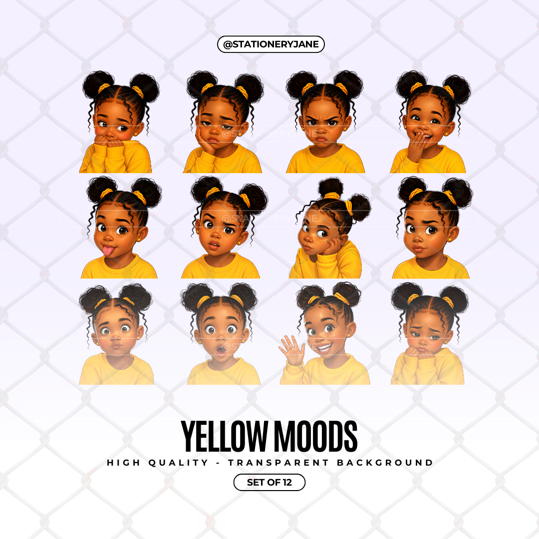 Yellow Moods | Set of 12 Expressive Black Girl PNG Faces