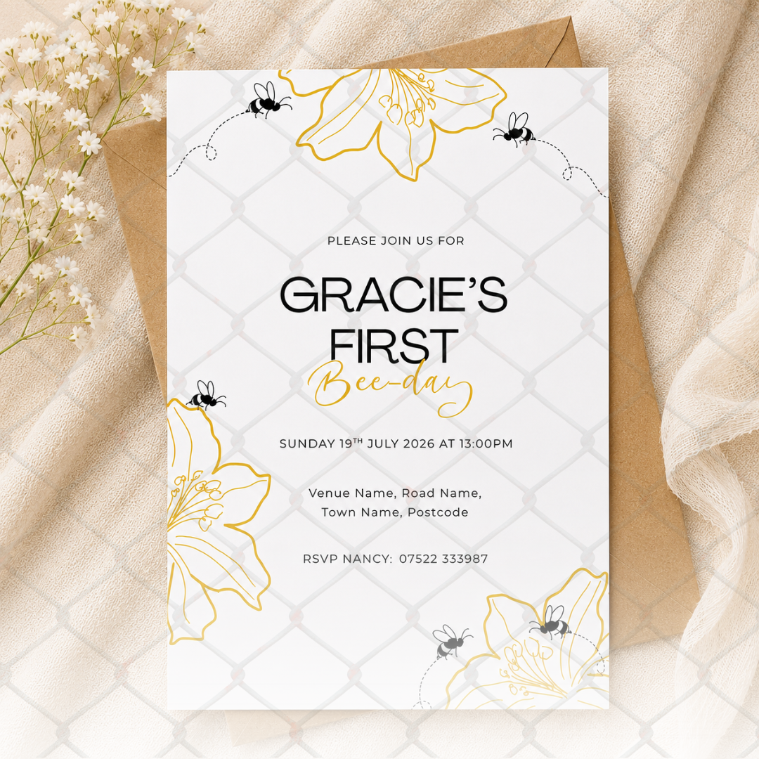 1st Bee-Day Invitation Bee Floral Invitation Template | Editable 5x7 Printable Digital Download