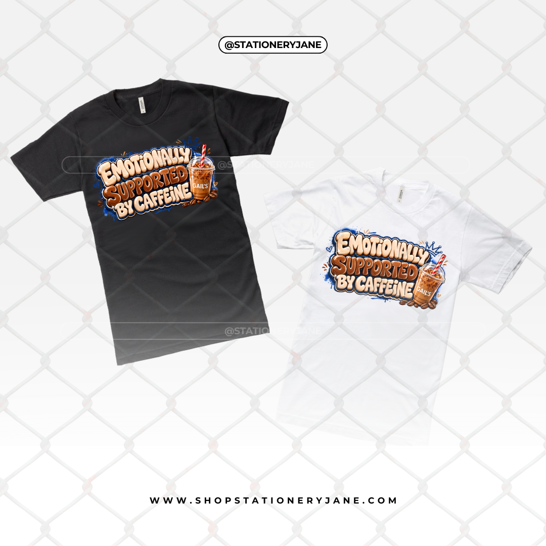 Emotionally Supported by Caffeine PNG graphic featuring bold coffee-themed typography, iced coffee artwork, coffee beans, and trendy café-inspired design on a transparent background.