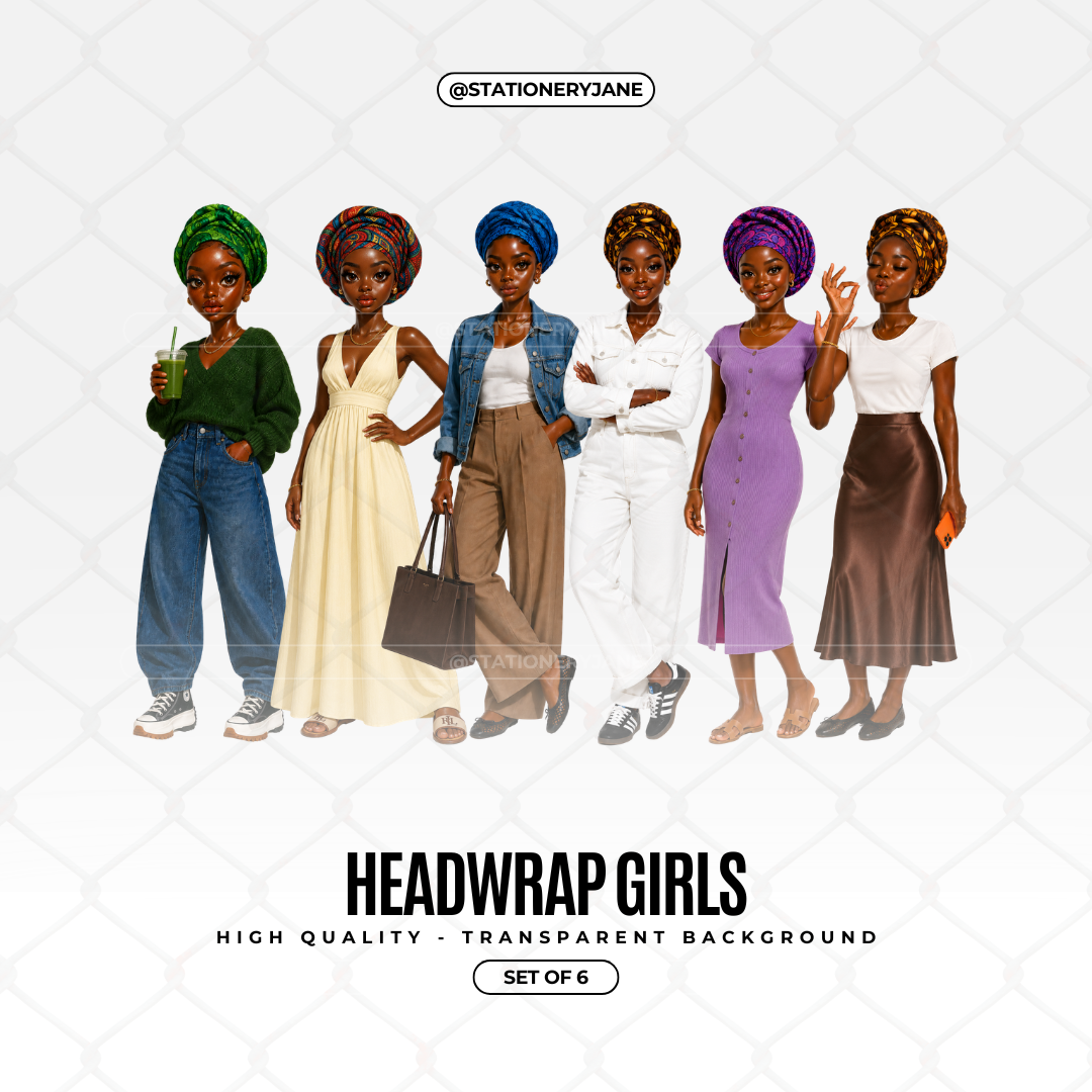 Set of 6 beautiful headwrap girl PNG clipart images featuring melanin-rich women wearing colourful African-inspired headwraps with transparent backgrounds for digital and print projects.