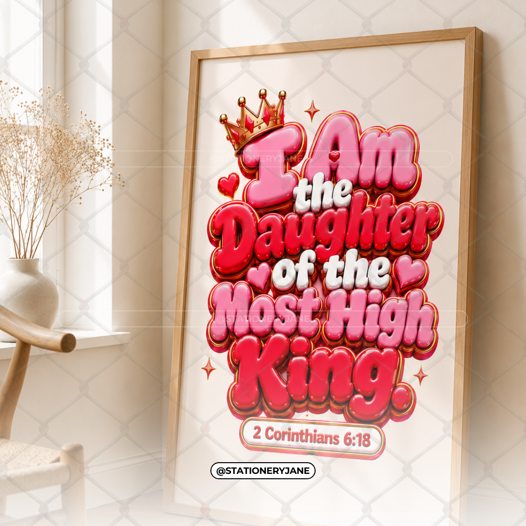 I Am the Daughter of the Most High King Wall Art | Christian Printable Decor | 2 Corinthians 6:18 | Pink Bible Verse Digital Download