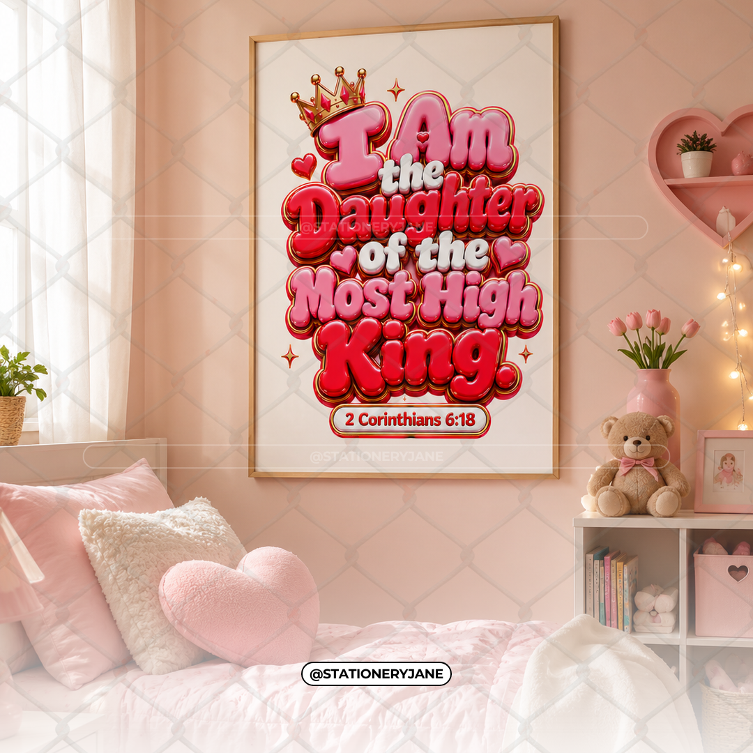 I Am the Daughter of the Most High King Wall Art | Christian Printable Decor | 2 Corinthians 6:18 | Pink Bible Verse Digital Download