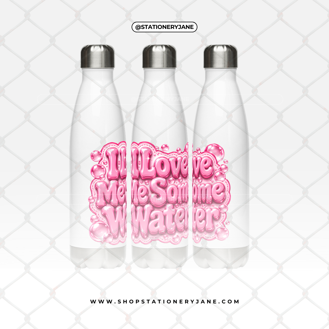 Pink bubble typography PNG graphic featuring the phrase "Love Me Some Water" with glossy lettering, bubble accents, and a transparent background for hydration and wellness-themed designs.
