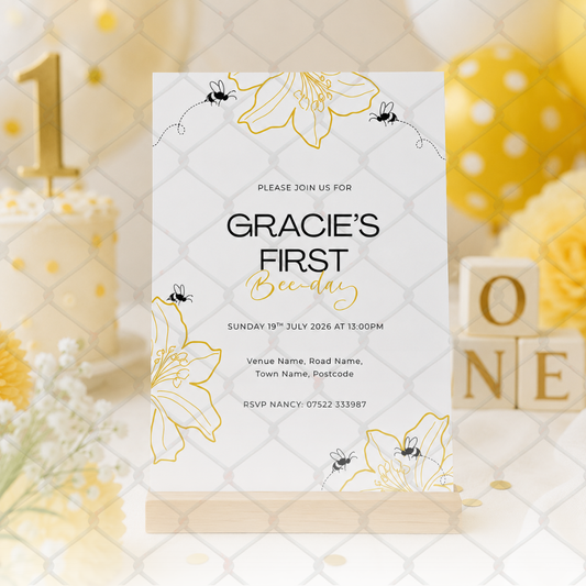 1st Bee-Day Invitation Bee Floral Invitation Template | Editable 5x7 Printable Digital Download