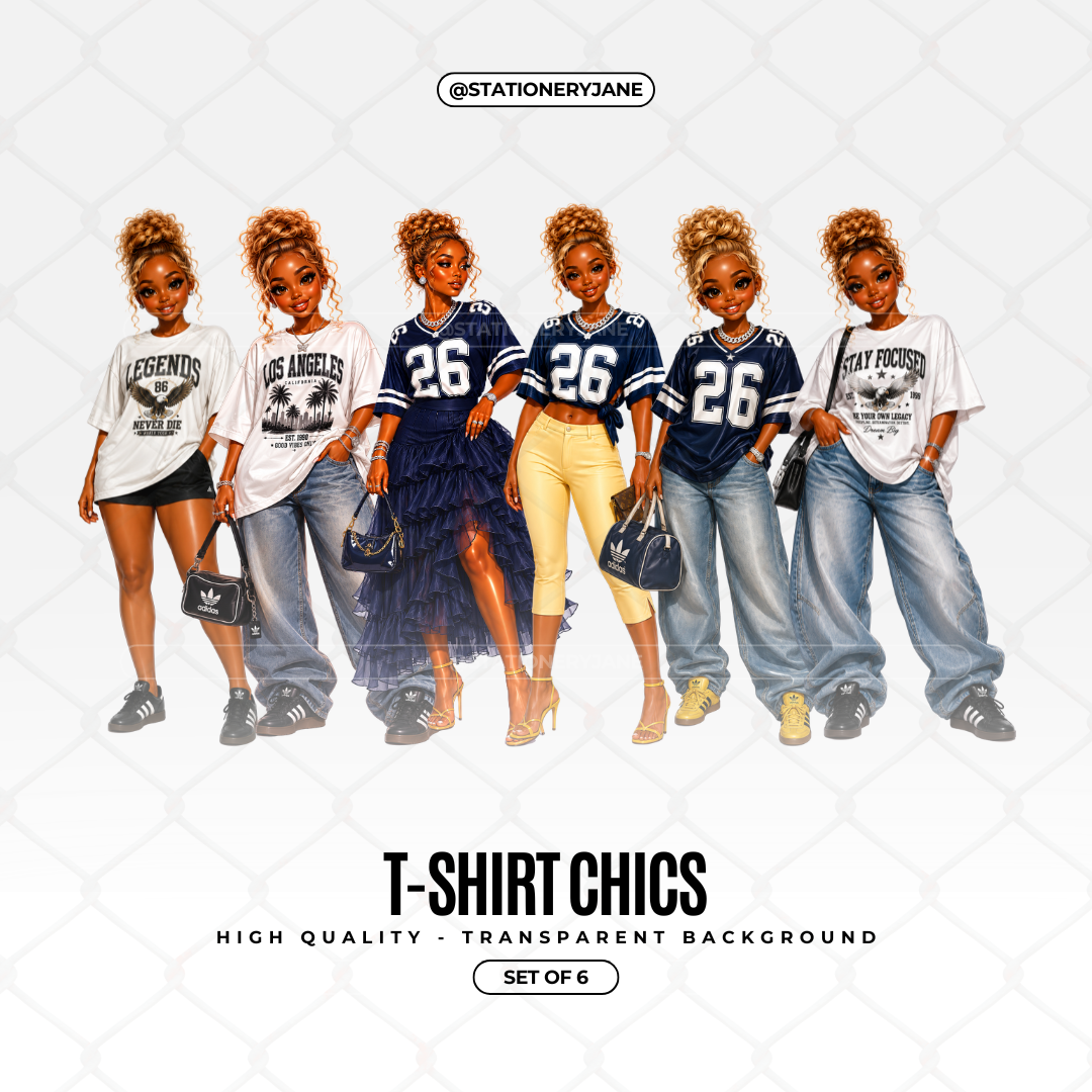 Set of 6 fashionable T-Shirt Chics clipart PNG images featuring stylish women in graphic tees, denim jeans, sporty jerseys, and trendy streetwear outfits with transparent backgrounds.