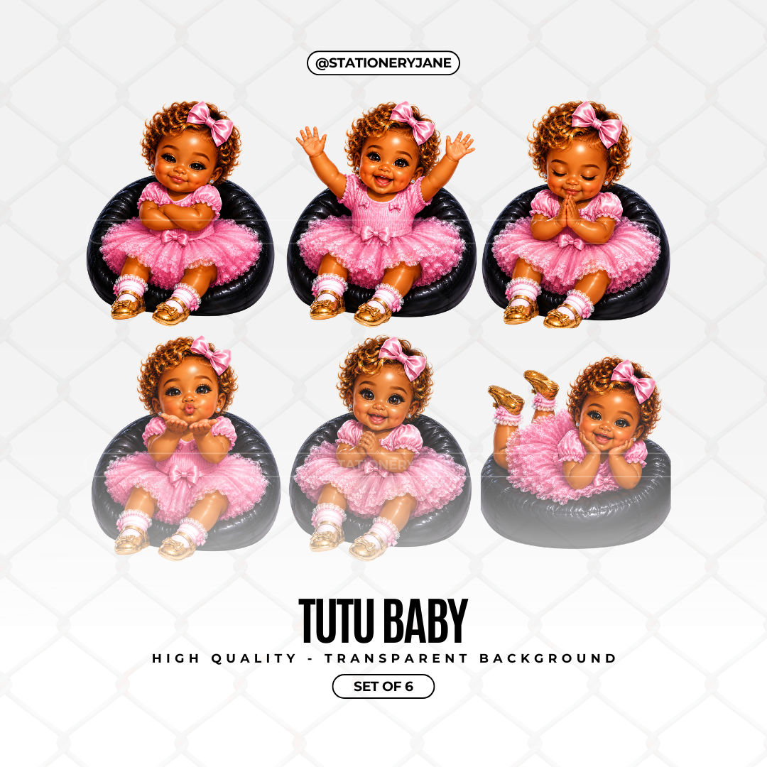 Set of 6 adorable baby girl clipart PNG images featuring a baby wearing a pink tutu dress, bow, and gold shoes in playful and sweet poses with transparent backgrounds.