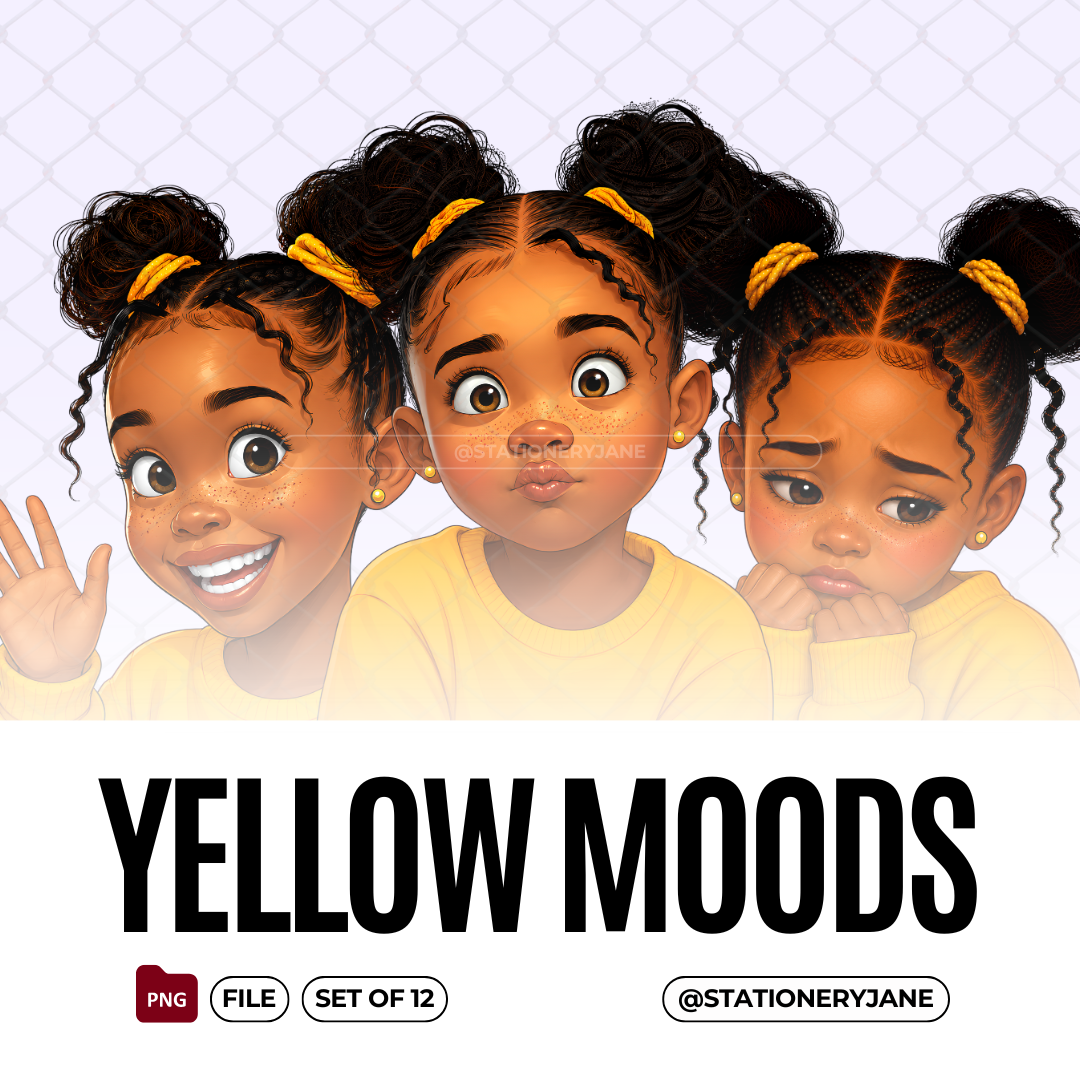 Yellow Moods | Set of 12 Expressive Black Girl PNG Faces